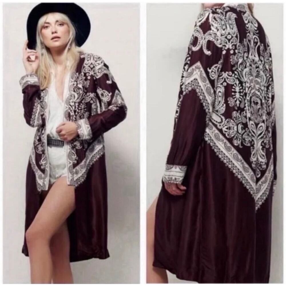 Free People Bandana Print Long Kimono Duster Mahogany Brown Boho Women’s Medium